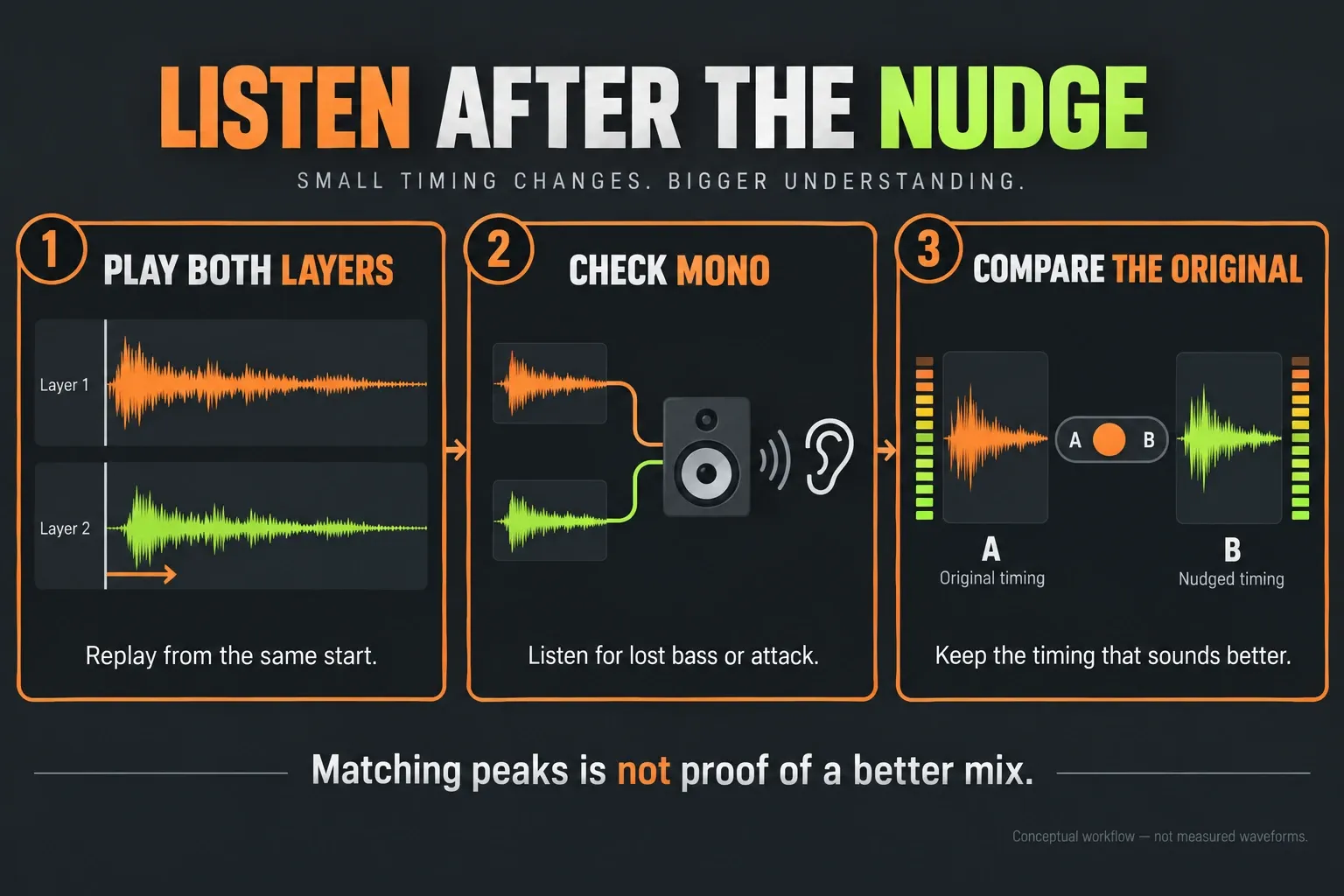 Listening checks after an audio nudge: play both layers, check mono and compare the original
