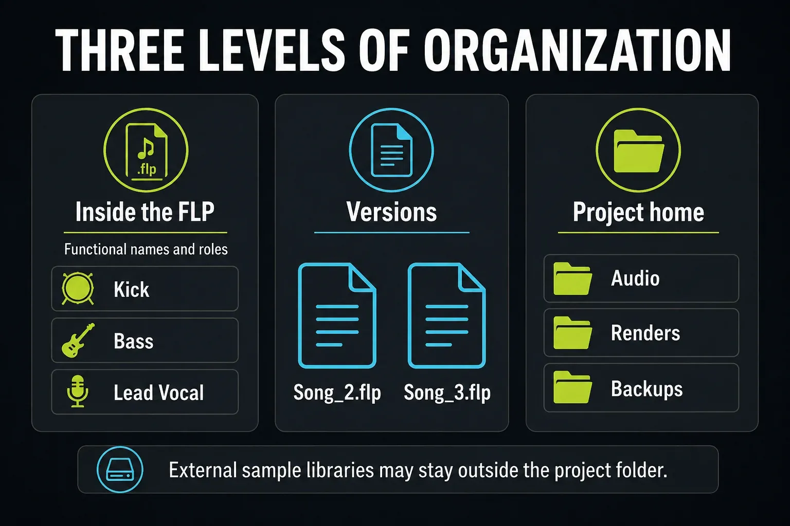 Three organization levels: roles inside the FLP, numbered versions and a project data home