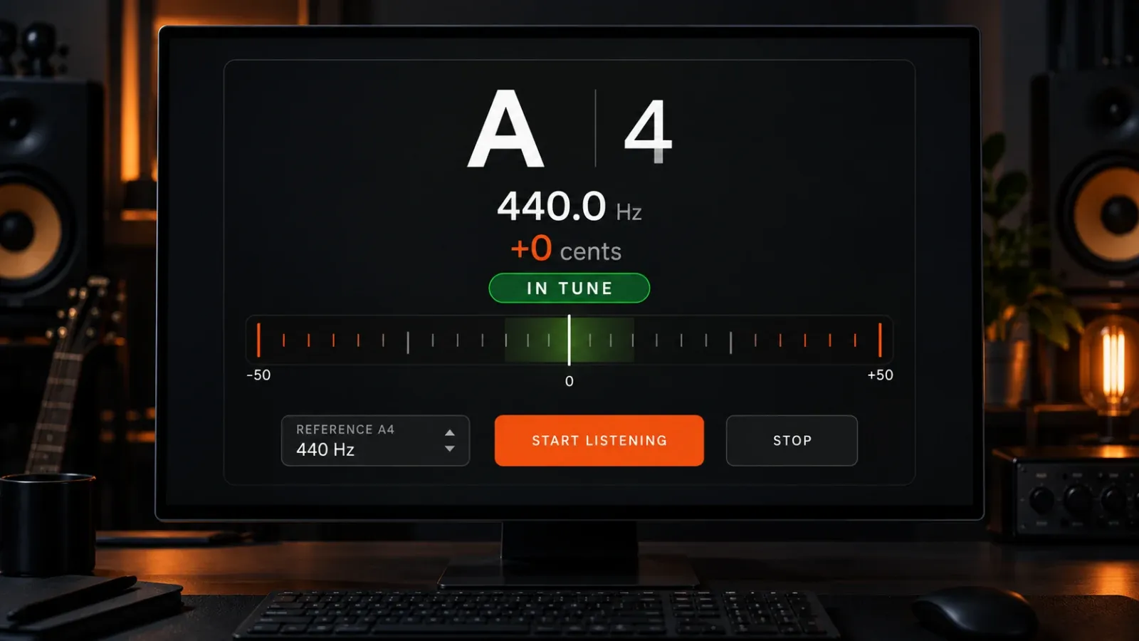 Pitch detector showing A4 at 440 hertz with a centered cents meter