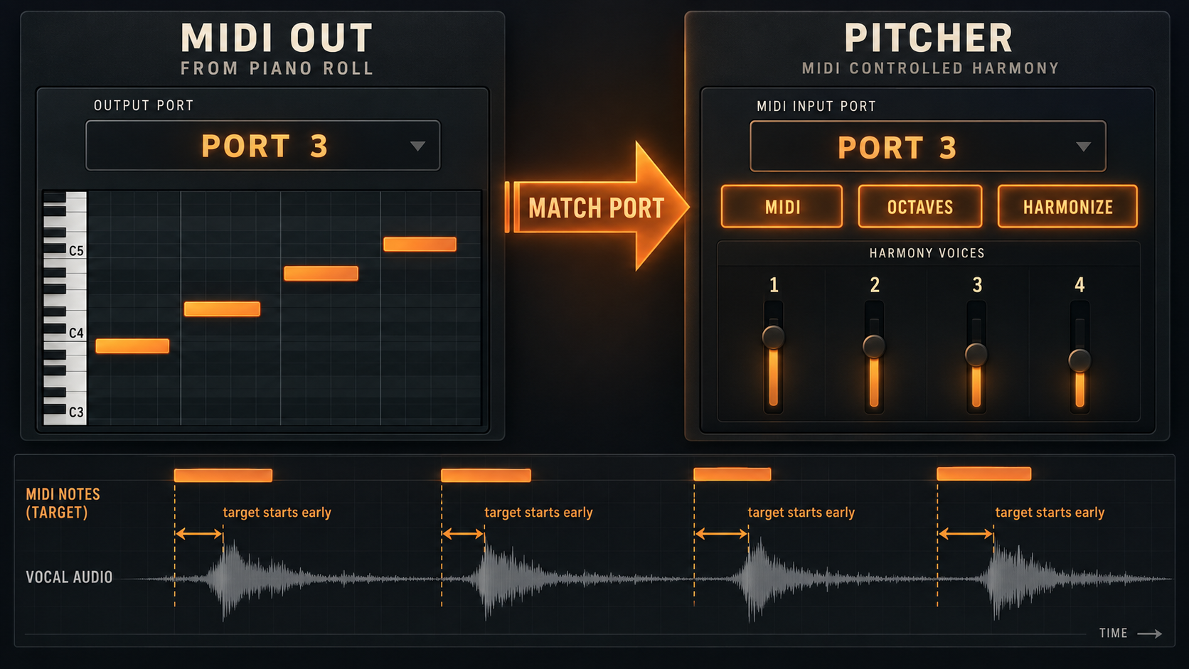 Educational routing diagram from MIDI Out through a matching port into Pitcher, with early target notes and up to four harmony voices