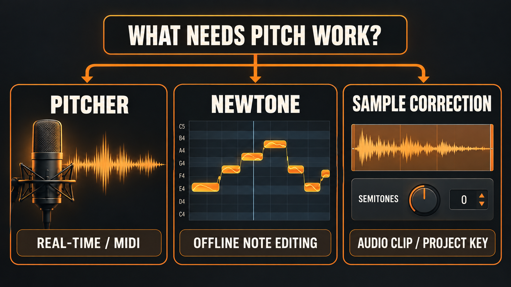 Educational decision diagram comparing Pitcher for real-time correction, NewTone for offline note editing and sample pitch correction for Audio Clips