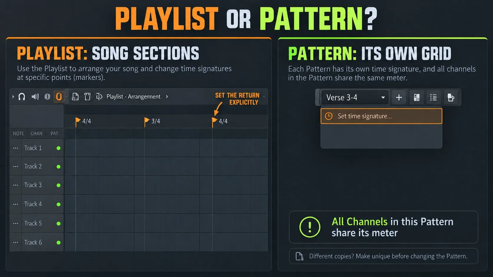 FL Studio Playlist return marker and the Pattern selector Set time signature command