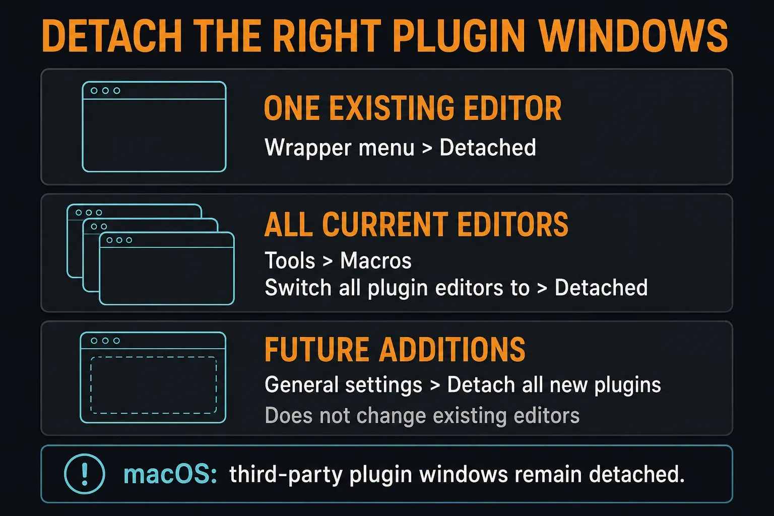 Separate detach controls for one plugin editor, all current editors and plugins added later
