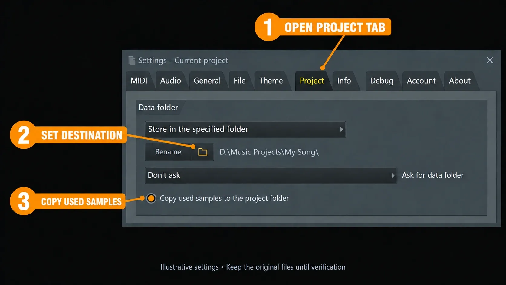 FL Studio Project Data Folder with a specified destination and Copy used samples enabled
