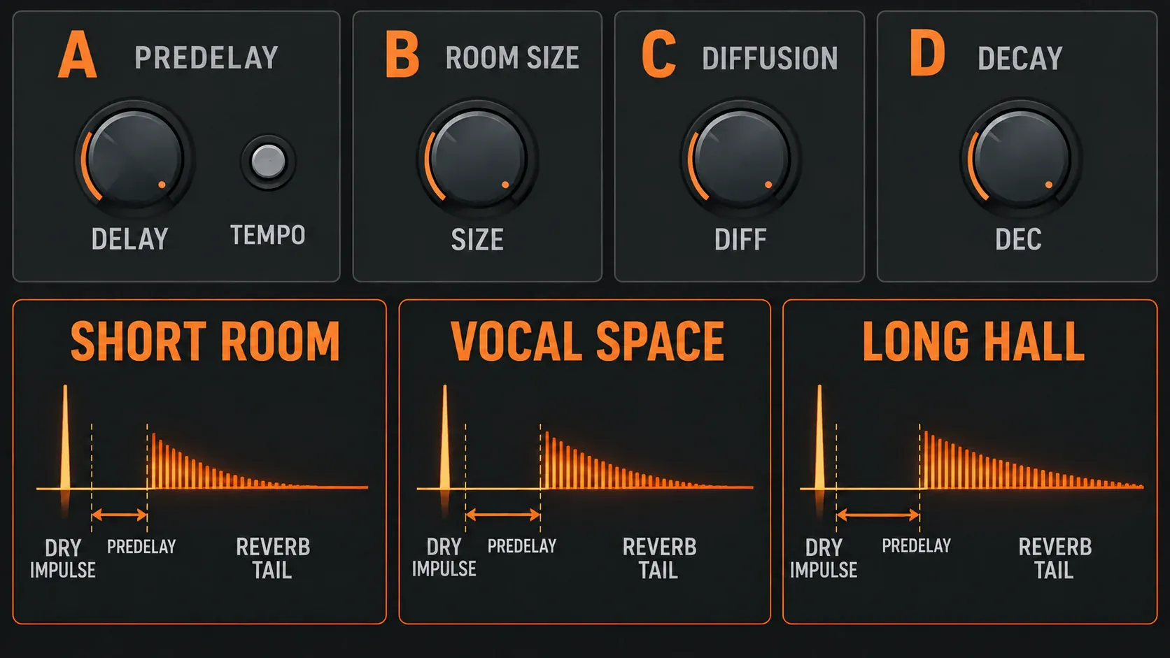 Fruity Reeverb 2 DELAY, TEMPO, SIZE, DIFF and DEC controls with short room, vocal space and long hall examples