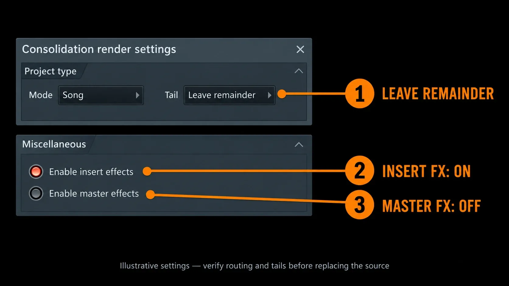 Song-context consolidation settings with Leave remainder, Insert effects enabled and Master effects disabled