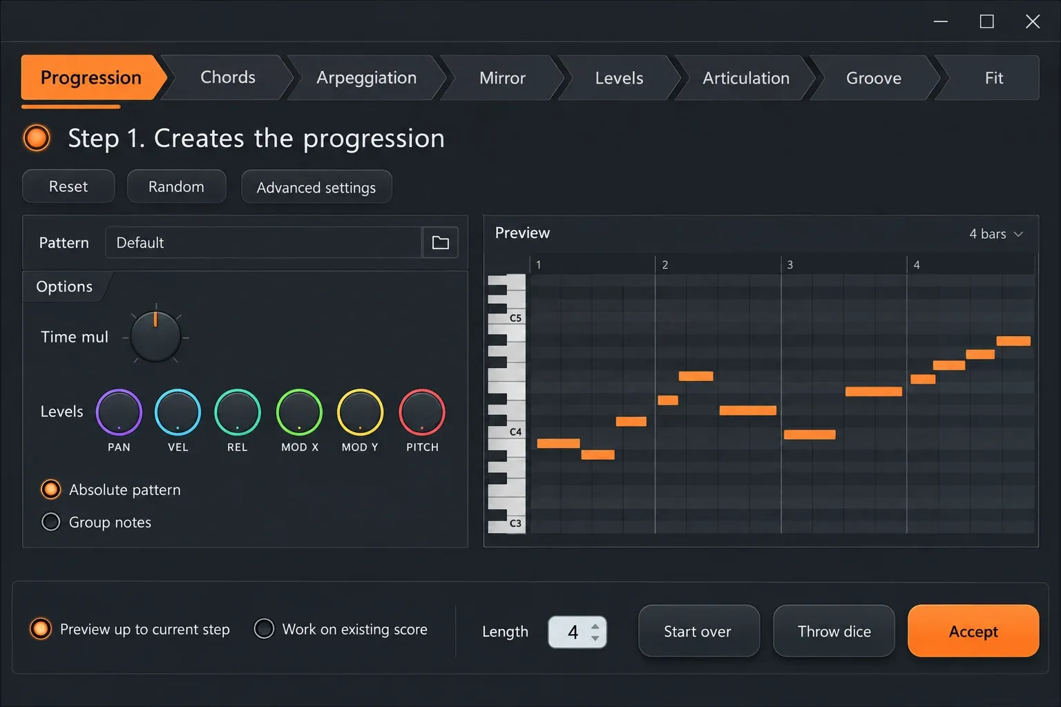FL Studio Riff Machine window showing the eight processing stages and preview controls