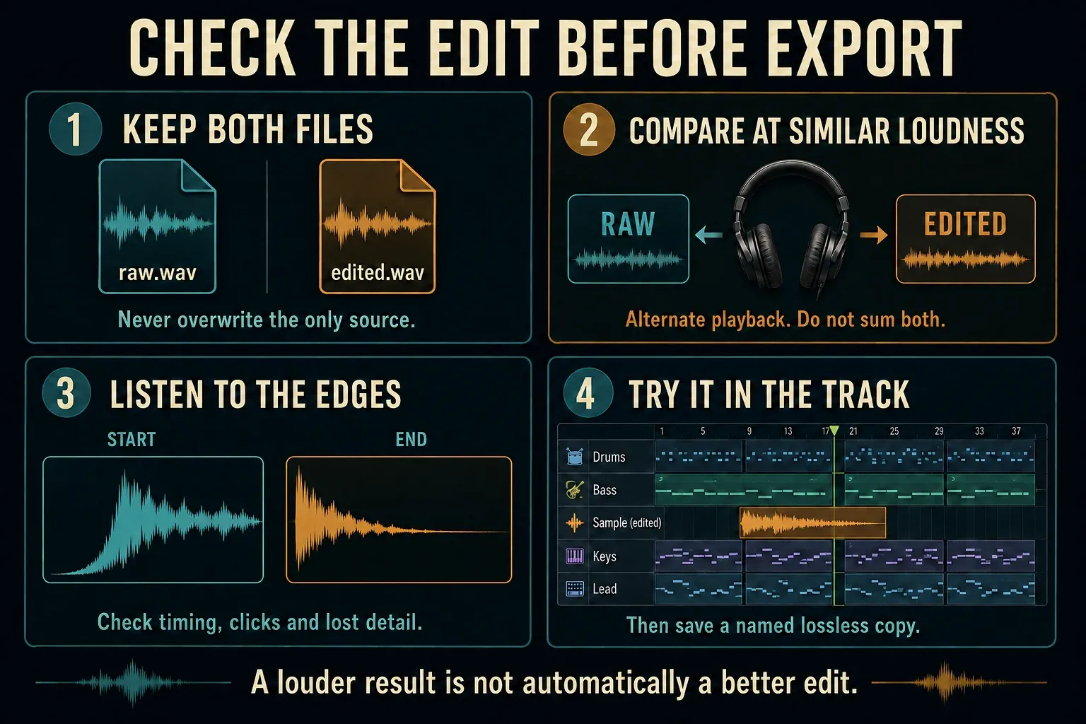 Compare raw and edited samples, inspect both boundaries, save a named copy and check the arrangement
