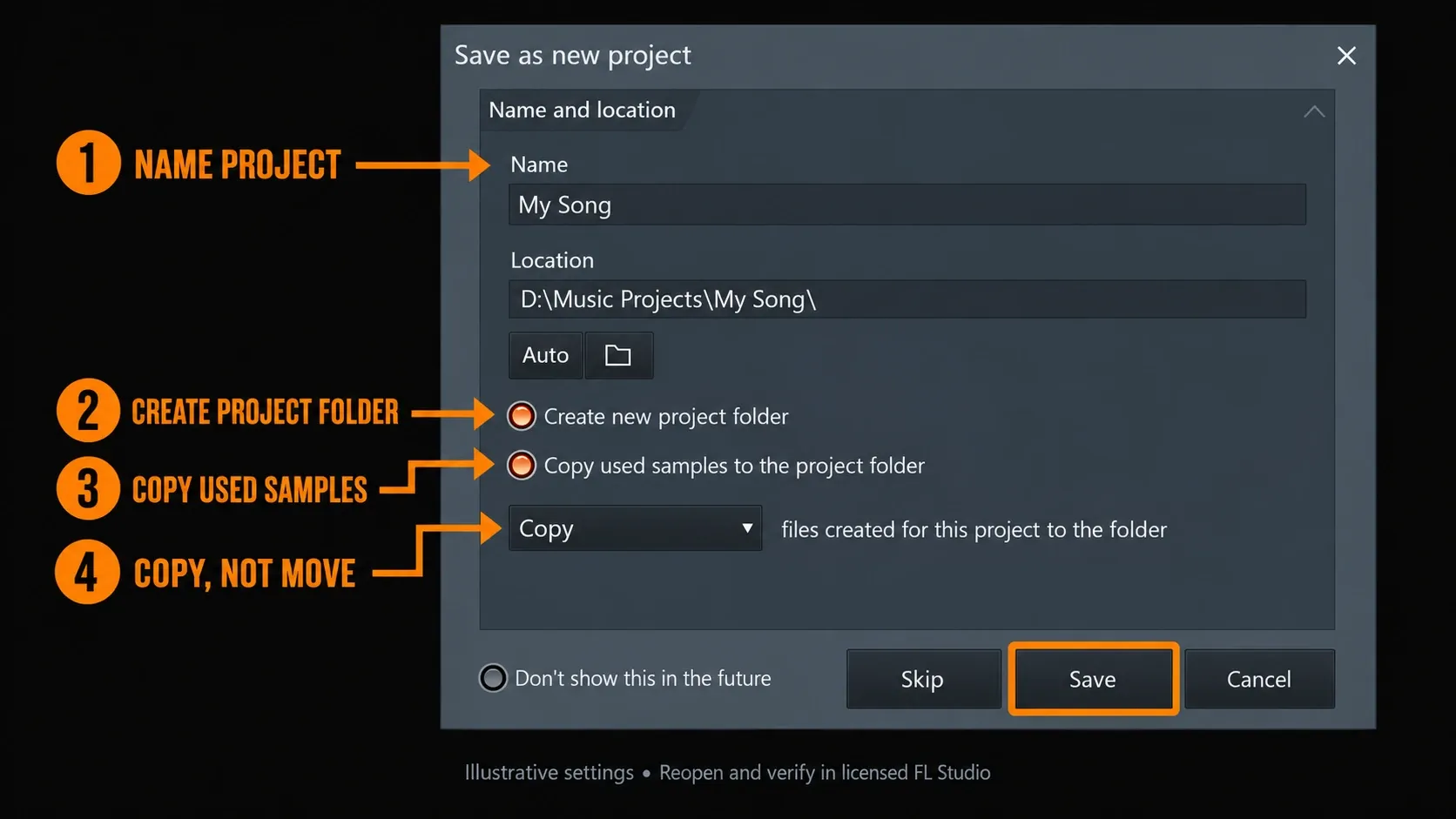 FL Studio Save as new project dialog with sample copying and Copy file management enabled