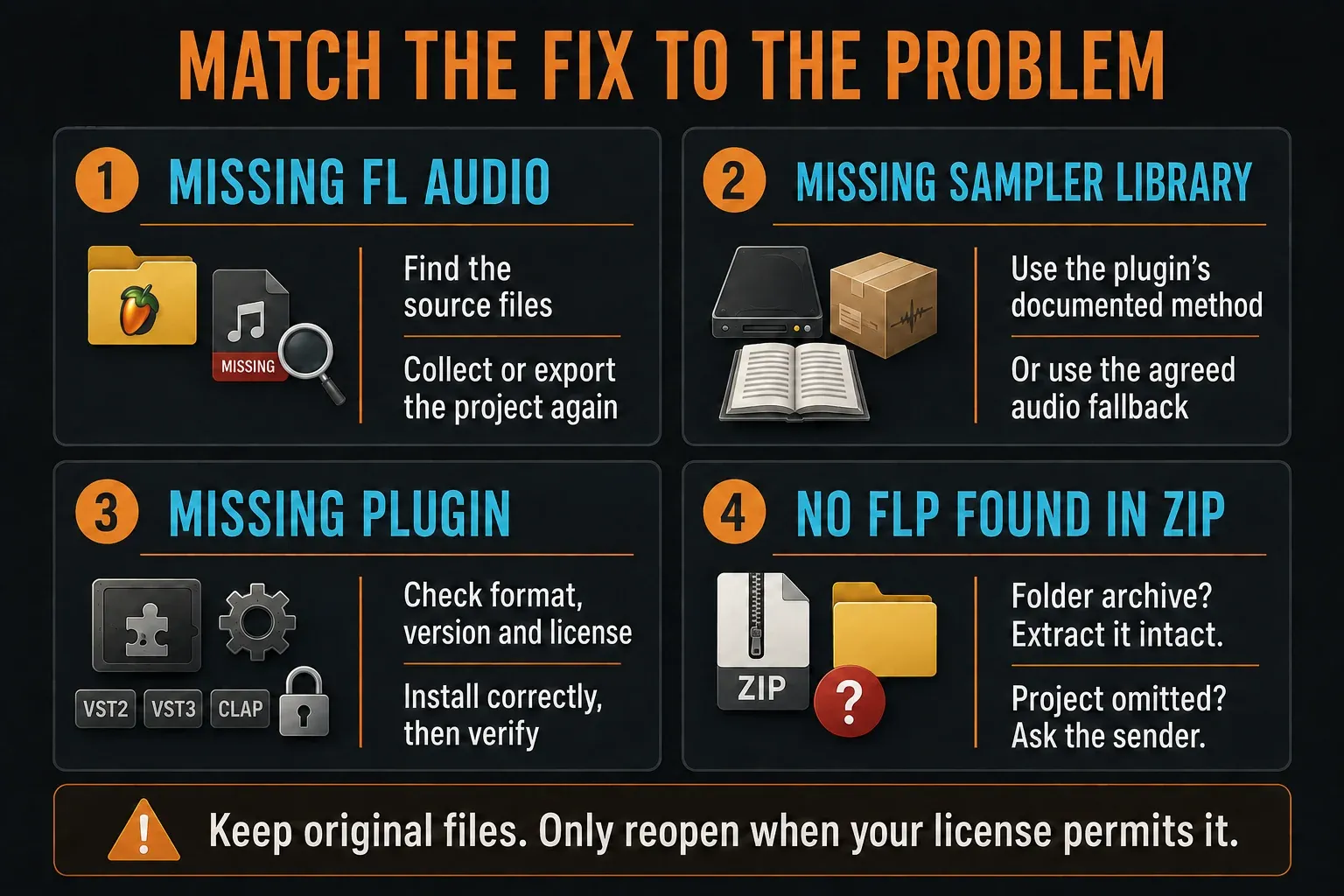 Separate repairs for missing FL-managed samples, external sampler content, plugins and a ZIP without an FLP