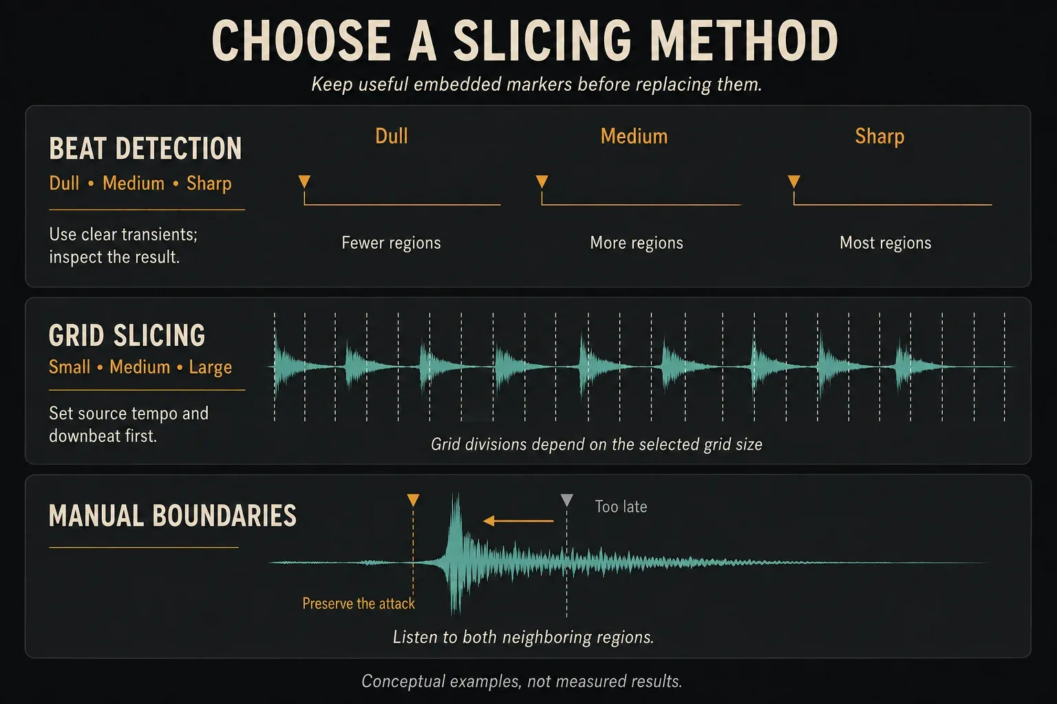 Slicex beat detection and grid slicing with a late marker moved left to preserve an attack