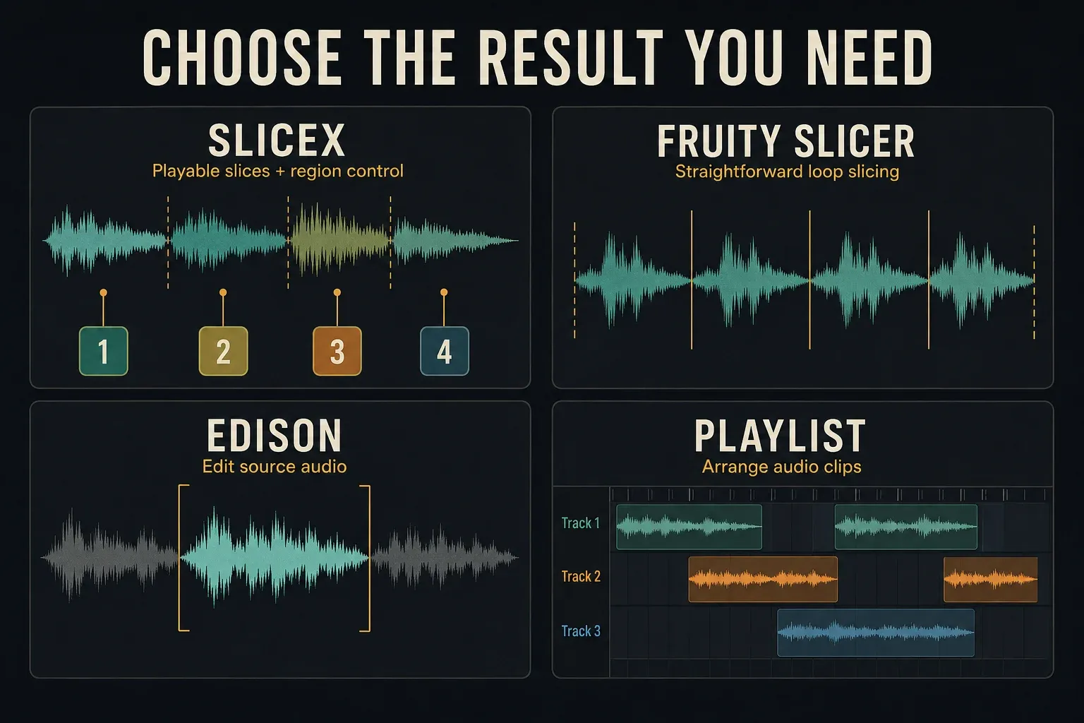Slicex playable slices, Fruity Slicer loop slicing, Edison audio editing and Playlist arrangement compared