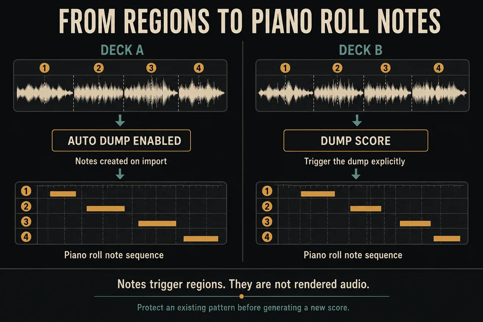 Deck A Auto-dump on import compared with explicit Deck B Dump score for Slicex note sequences