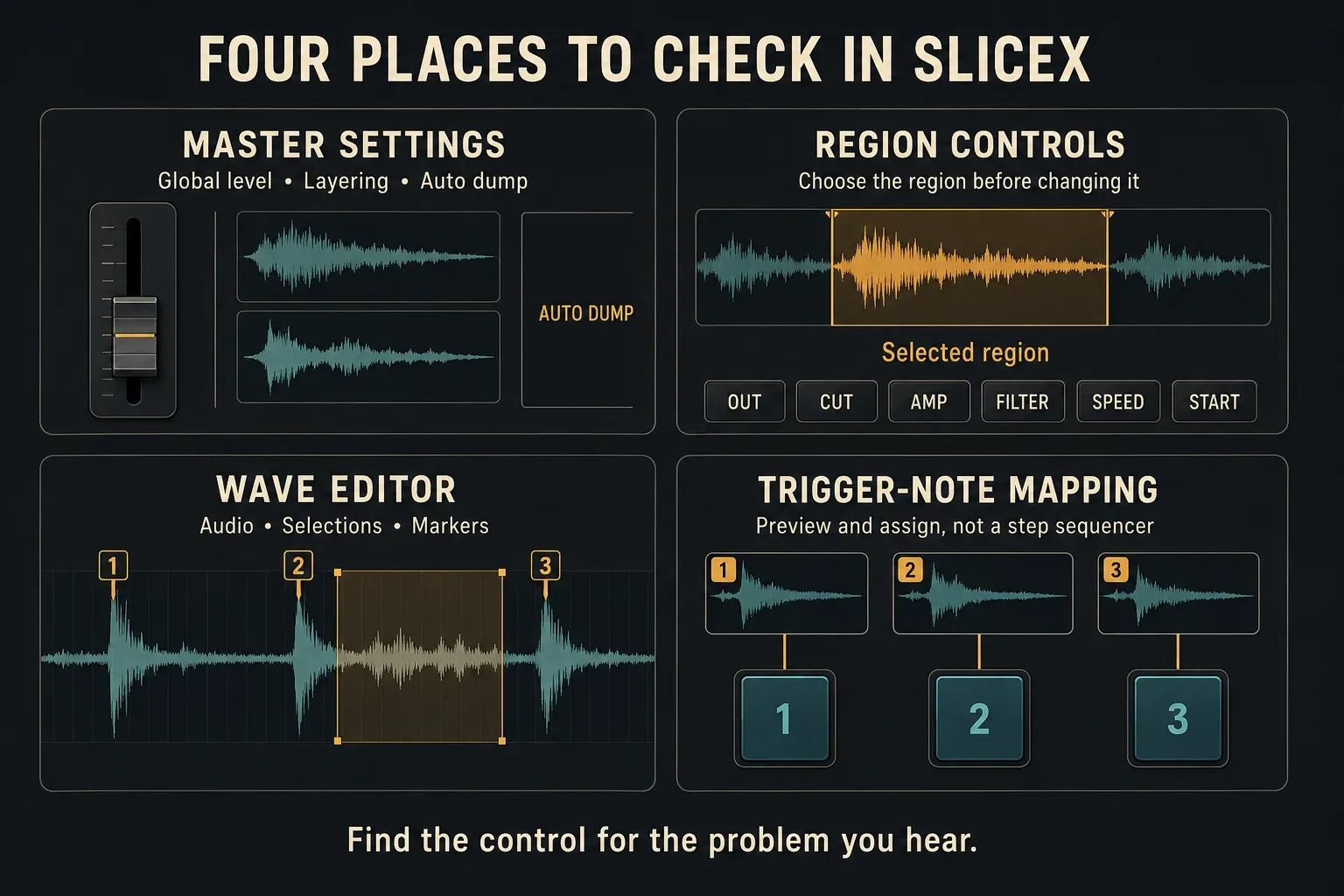 Four Slicex control areas for Master settings, region controls, waveform editing and trigger-note mapping