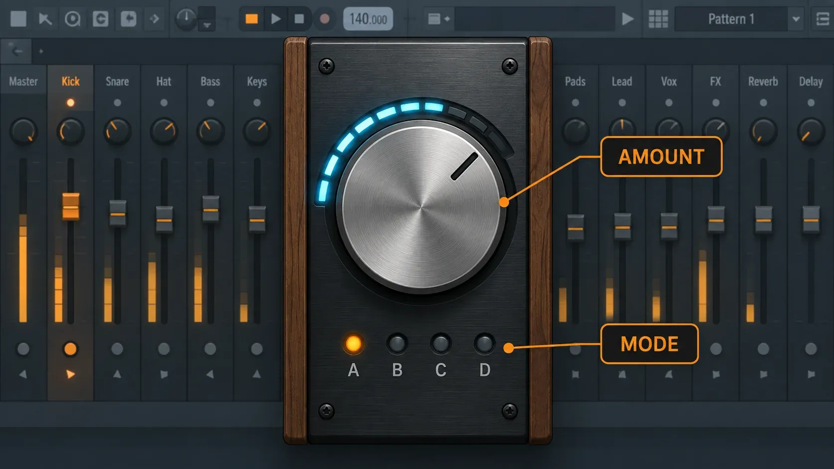 Soundgoodizer interface with Amount knob and A B C D mode buttons labeled