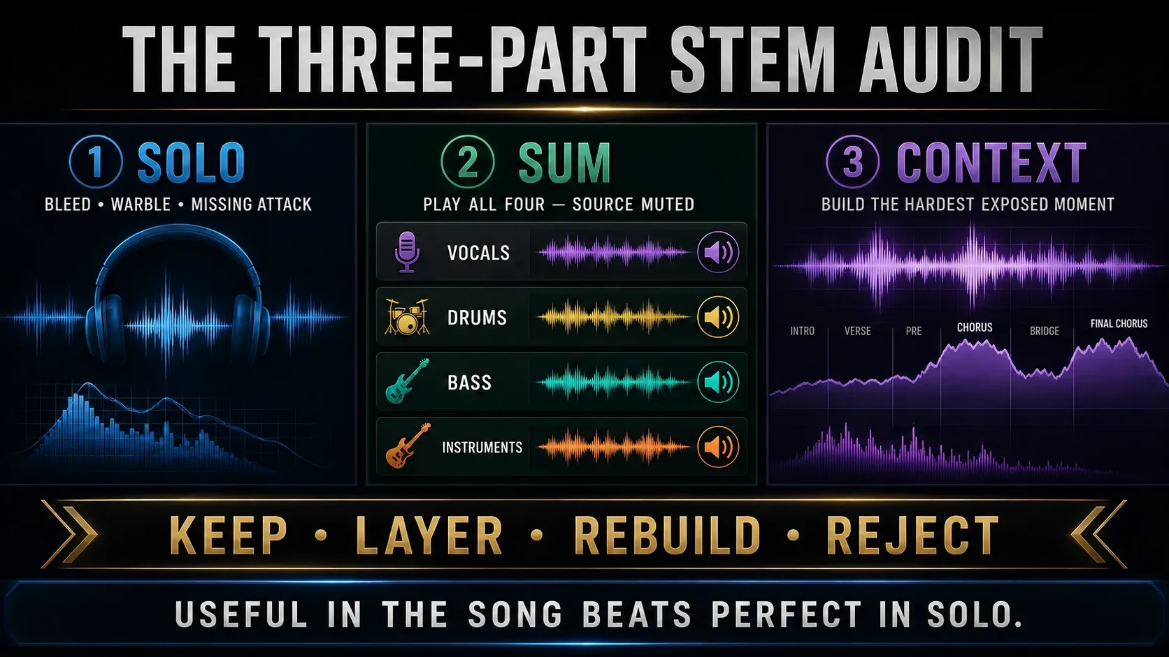 Solo, all-four-stem sum and remix-context listening checks for separated audio