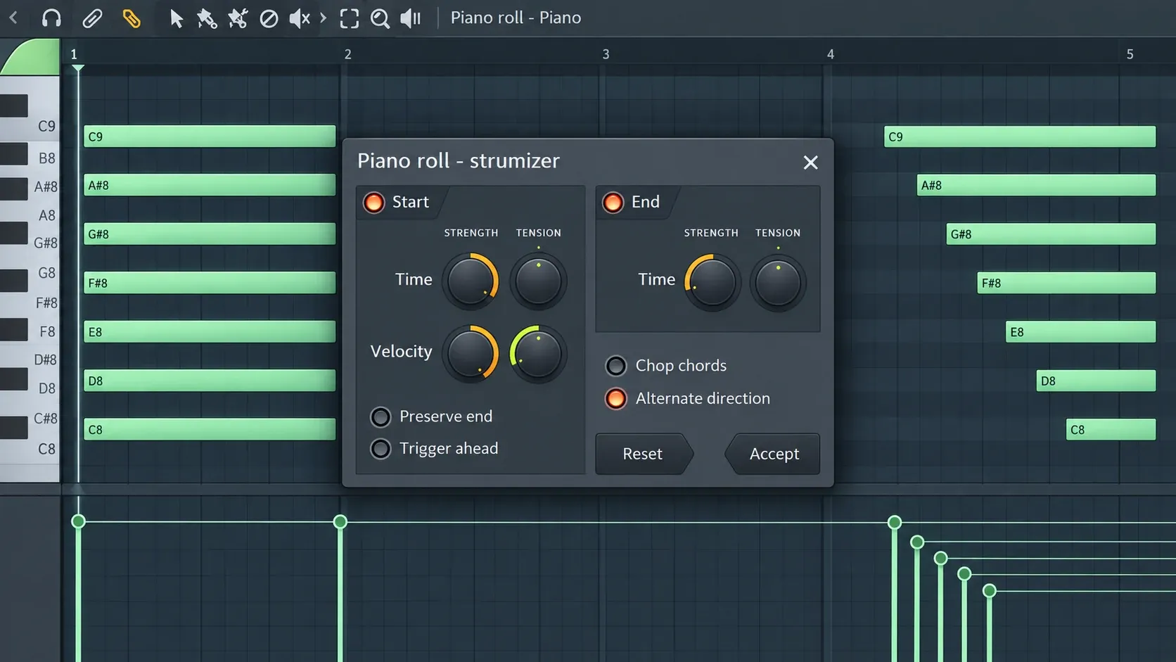 FL Studio Strumizer showing Start Time, Velocity, Preserve end, Trigger ahead, End, Chop chords, Alternate direction, Reset and Accept