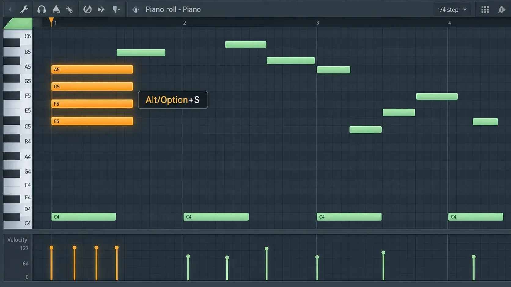 Selected Piano Roll chord notes aligned to one start point before opening the Strumizer
