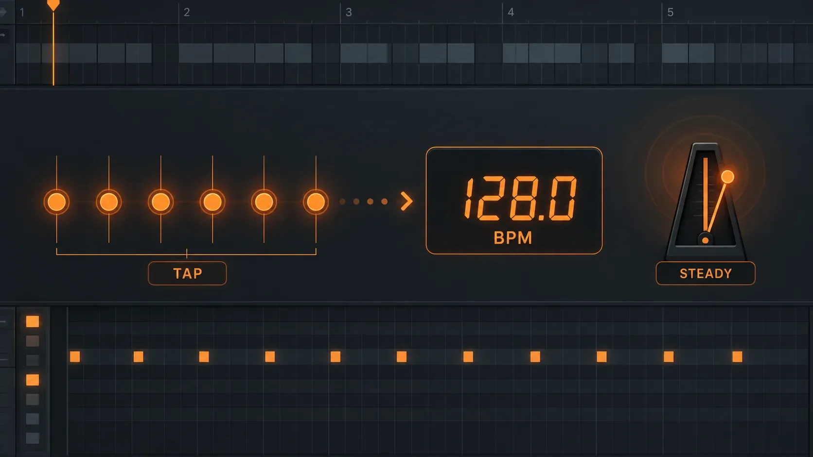 Tap Tempo timing guide showing repeated even taps converging on a stable BPM reading