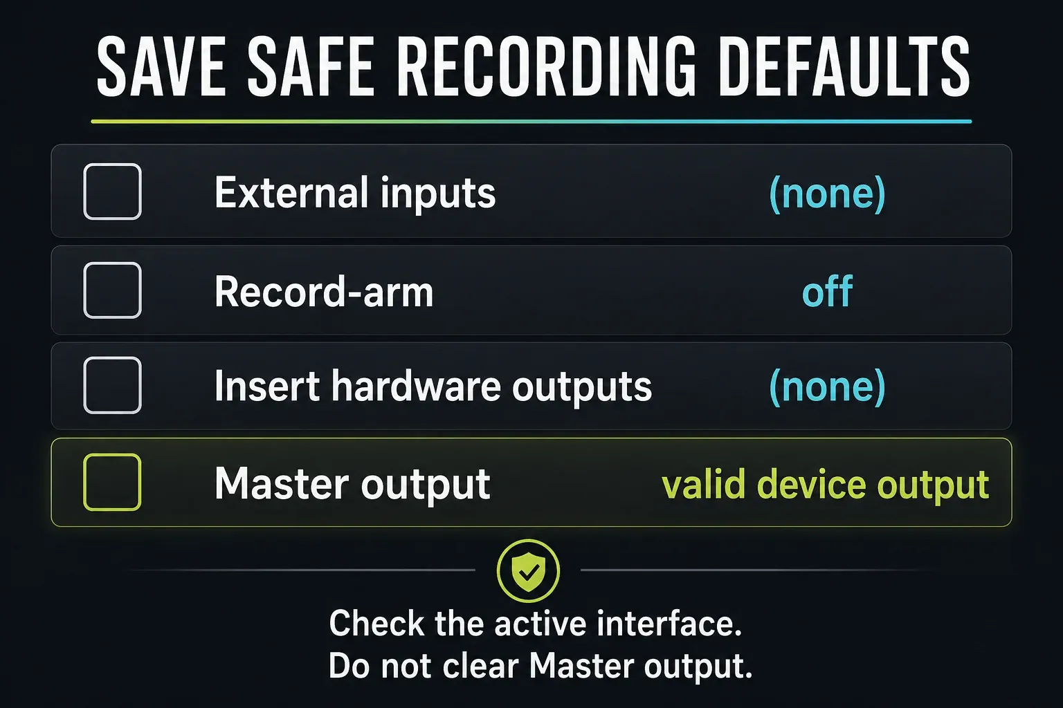 Recording checklist clears external inputs and Insert hardware outputs while preserving the Master playback output