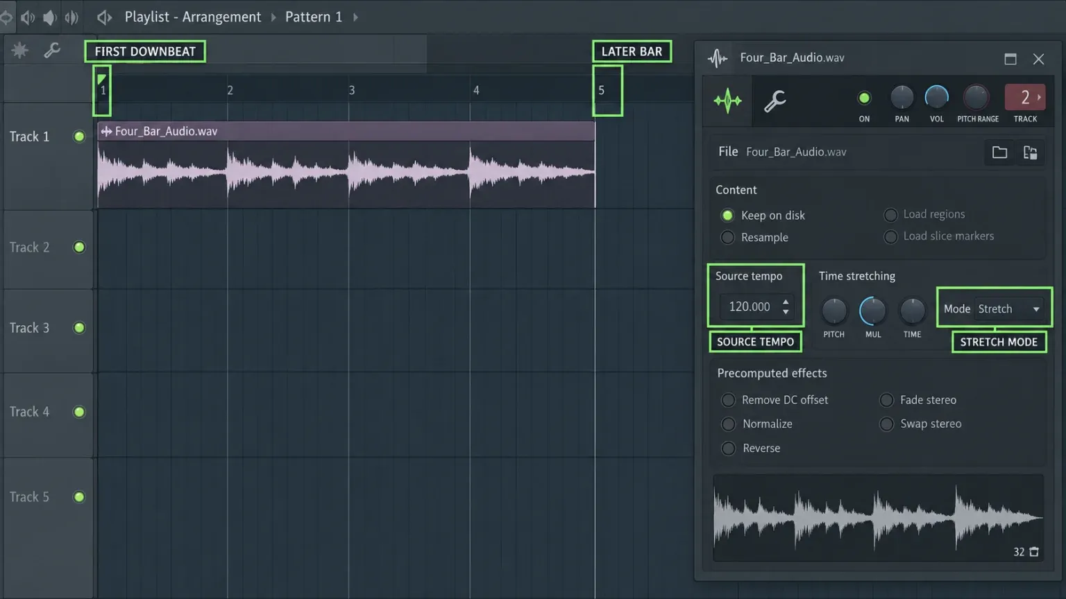 Imported FL Studio audio aligned to the grid with source tempo and stretch mode checks