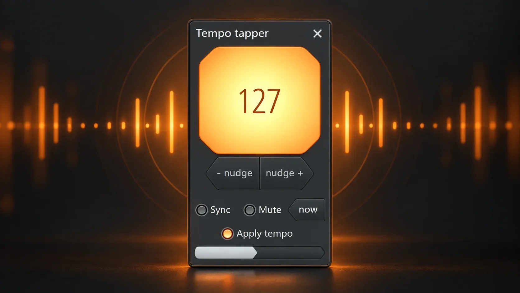 FL Studio Tempo Tapper showing the tap area, nudge controls, Sync, Mute, and Apply tempo