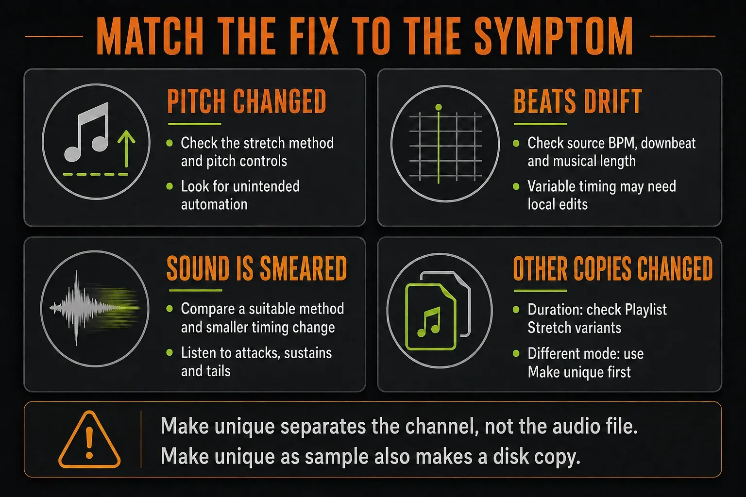 Time-stretch troubleshooting for pitch changes, beat drift, smeared sound and linked clip copies