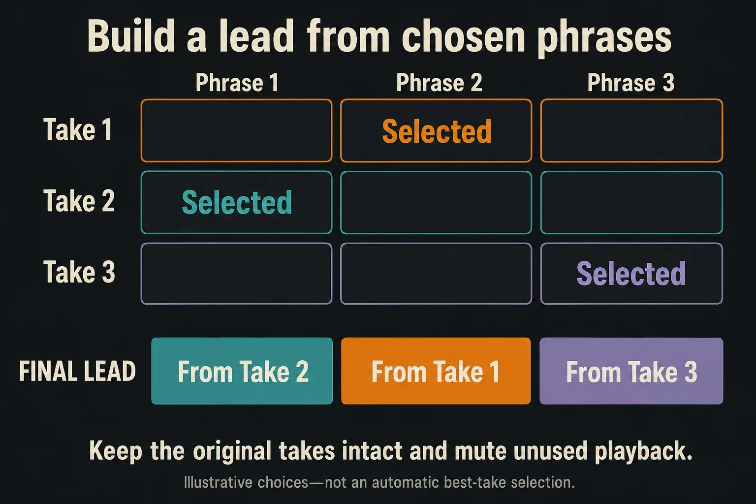 Vocal comp using phrase one from Take 2, phrase two from Take 1 and phrase three from Take 3