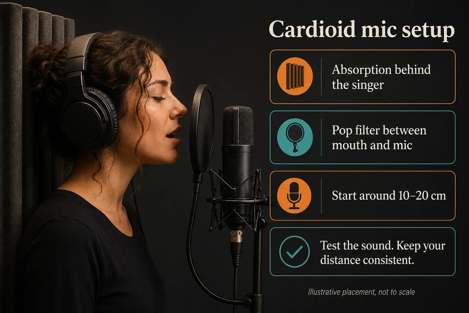 Cardioid vocal microphone placement with a pop filter and absorption behind the singer
