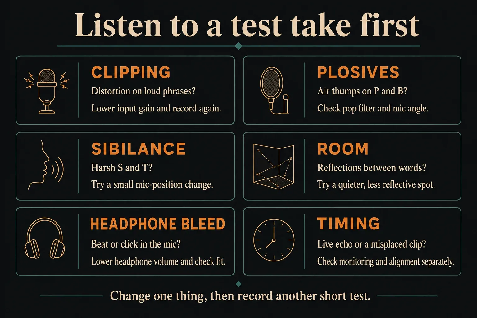 Six vocal test checks for clipping, plosives, sibilance, room reflections, headphone bleed and timing