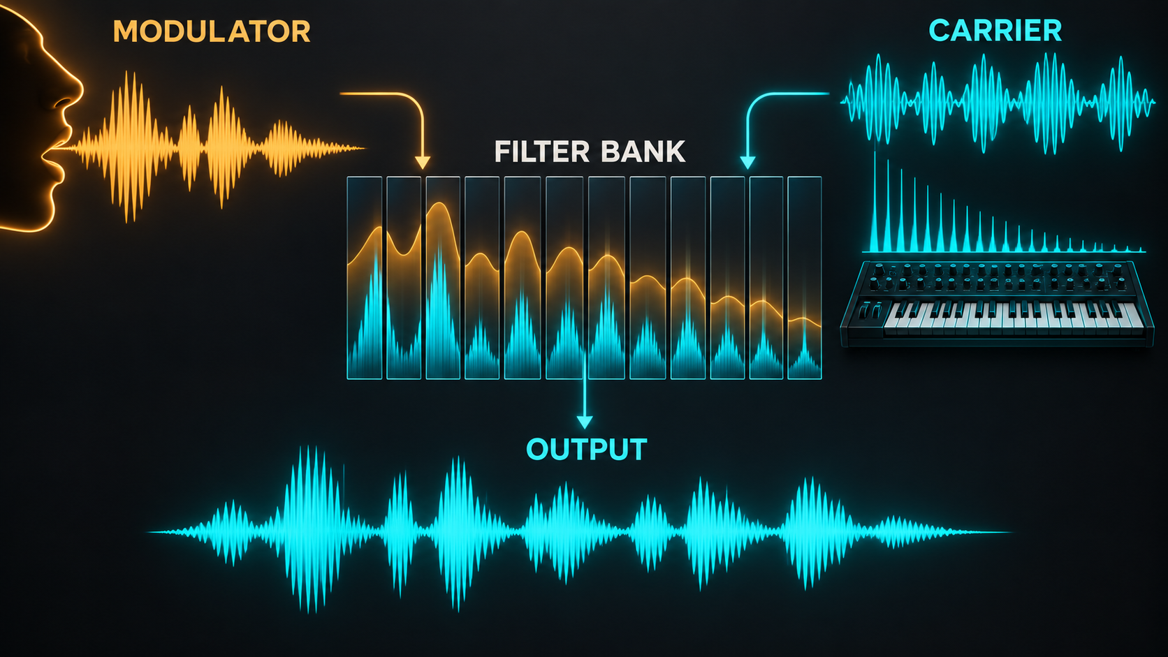 Carrier and modulator roles showing speech analysis controlling the frequency bands of a bright synthesizer chord