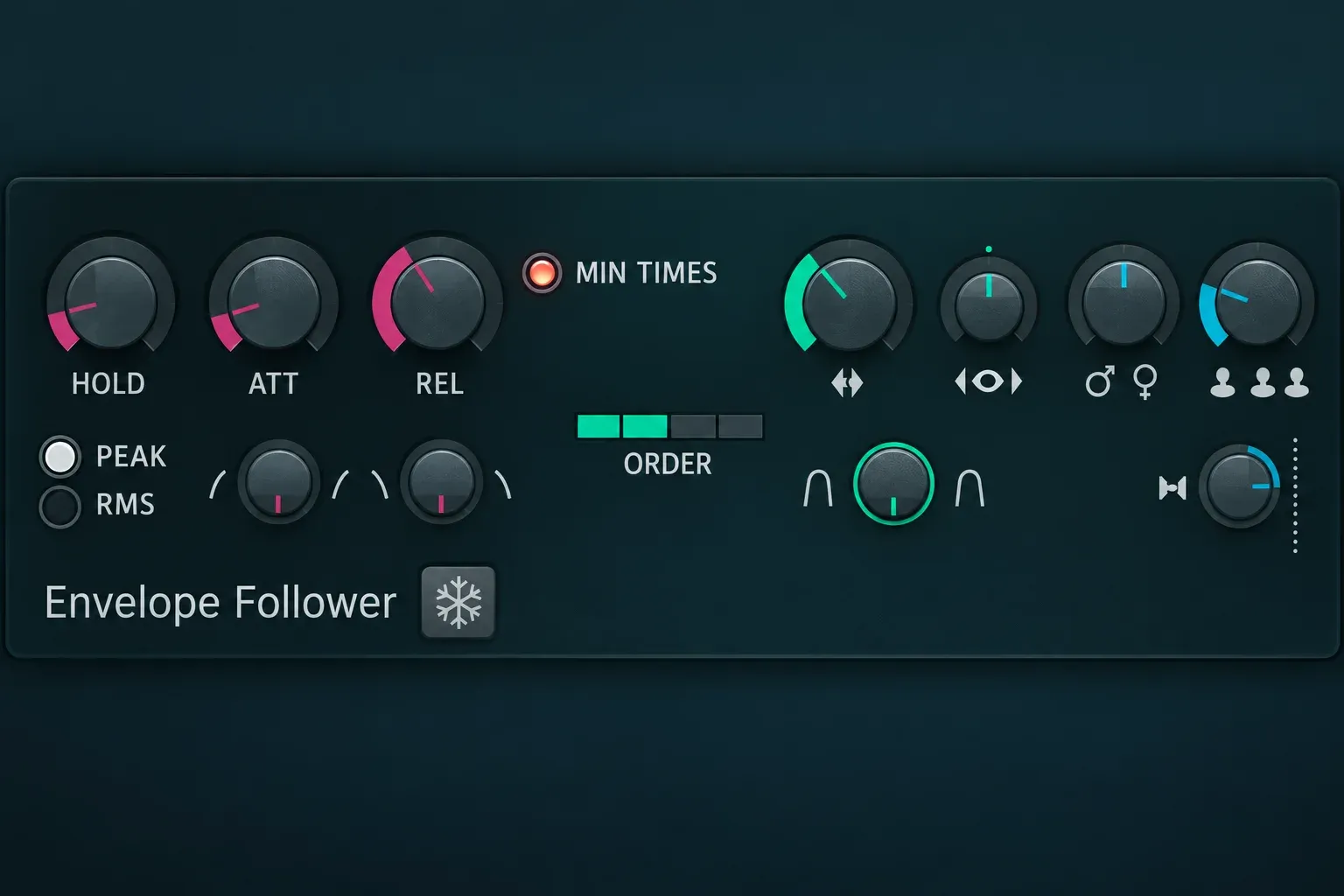 Vocodex Envelope Follower with Hold, Attack, Release, Peak, RMS and order controls