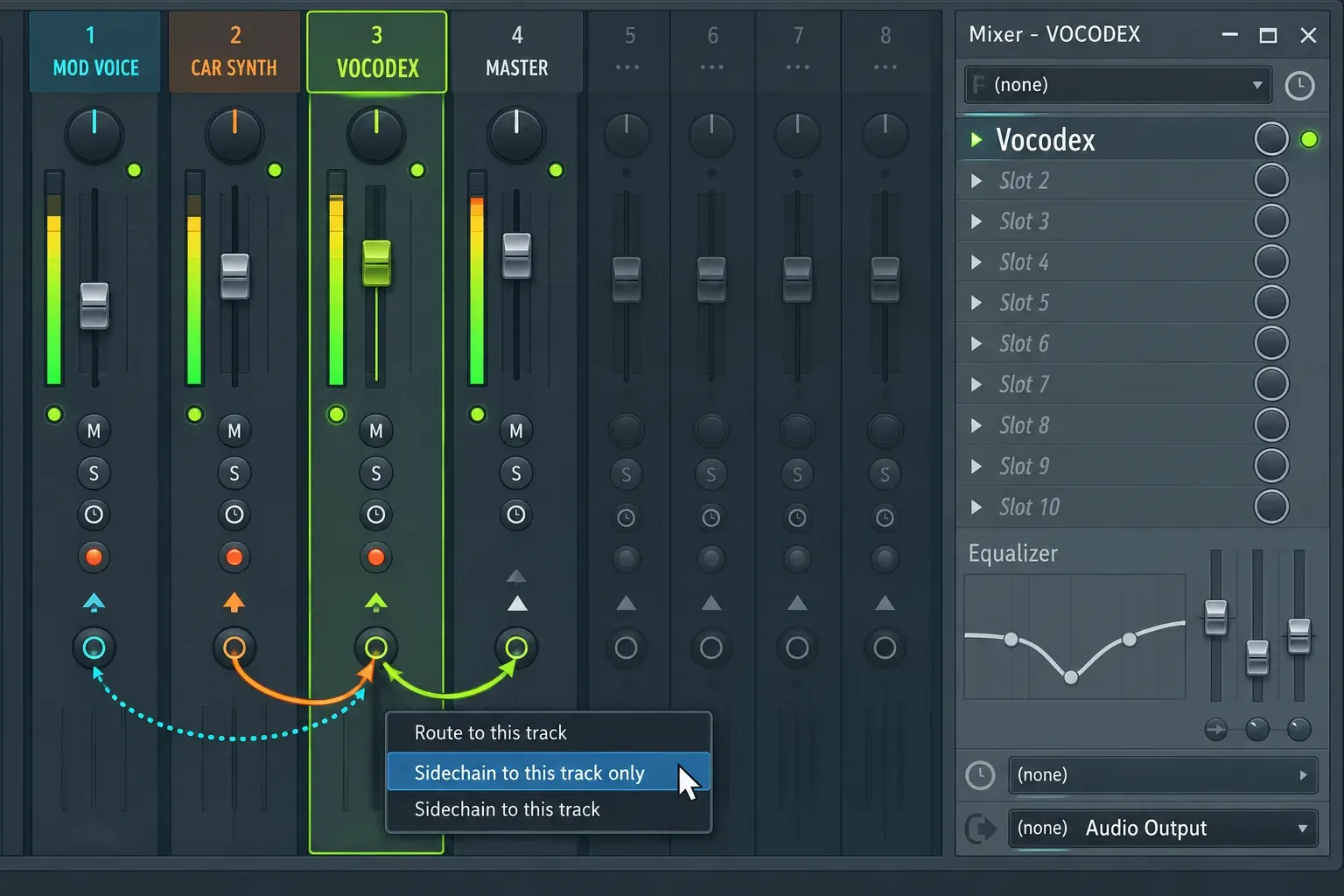 FL Studio Mixer routing a voice sidechain and synth carrier into a Vocodex insert