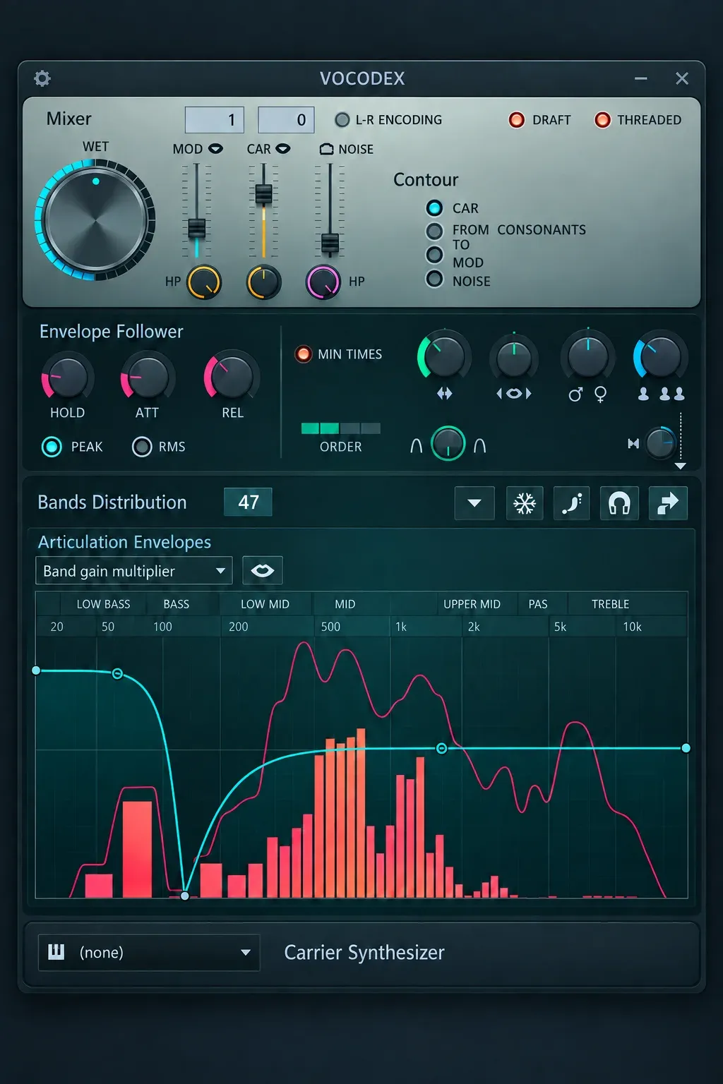 Vocodex interface with Mixer inputs, envelope follower, band distribution, articulation envelopes and carrier synthesizer