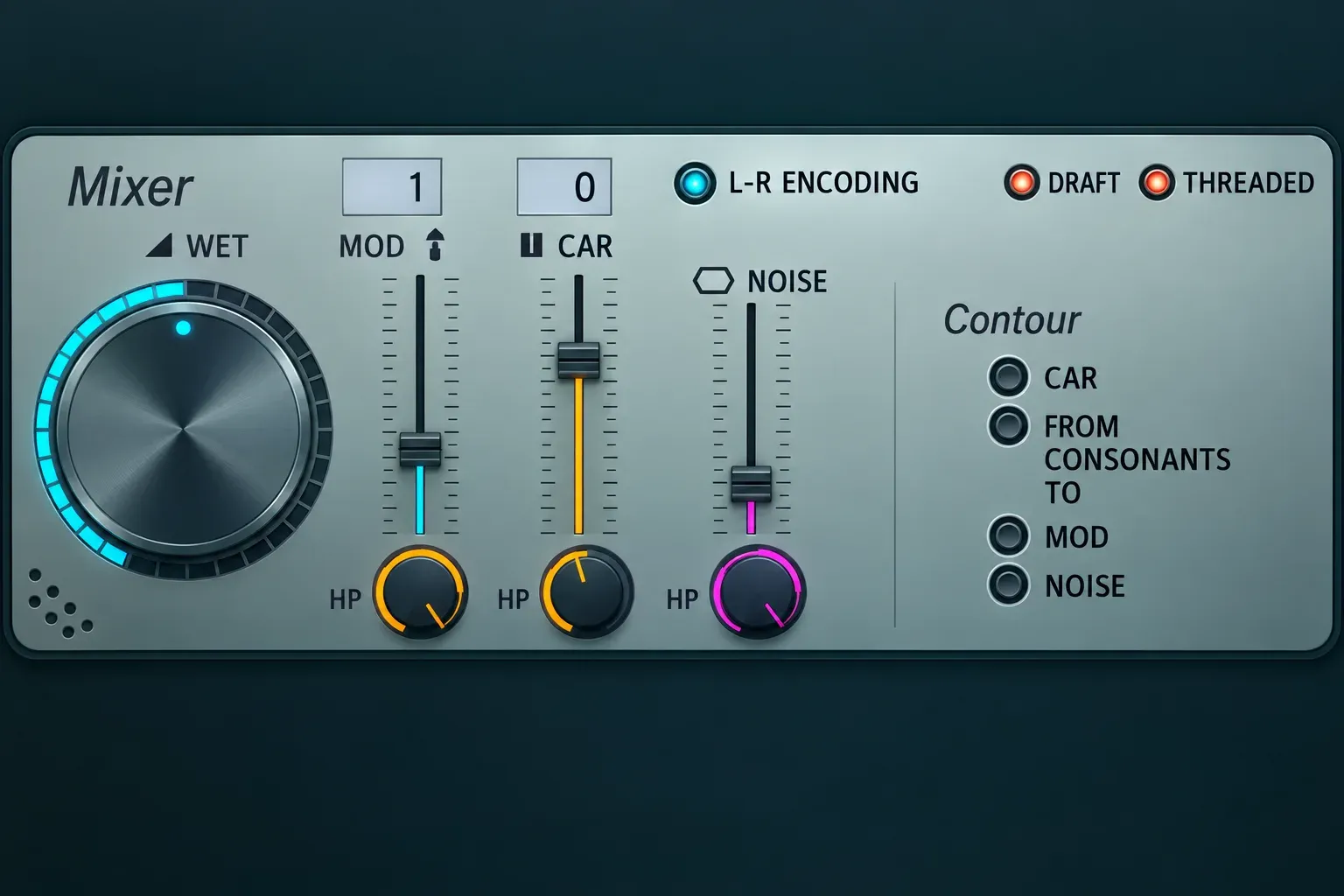 Vocodex top panel with WET, MOD, CAR, NOISE and Contour controls and numbered input selectors
