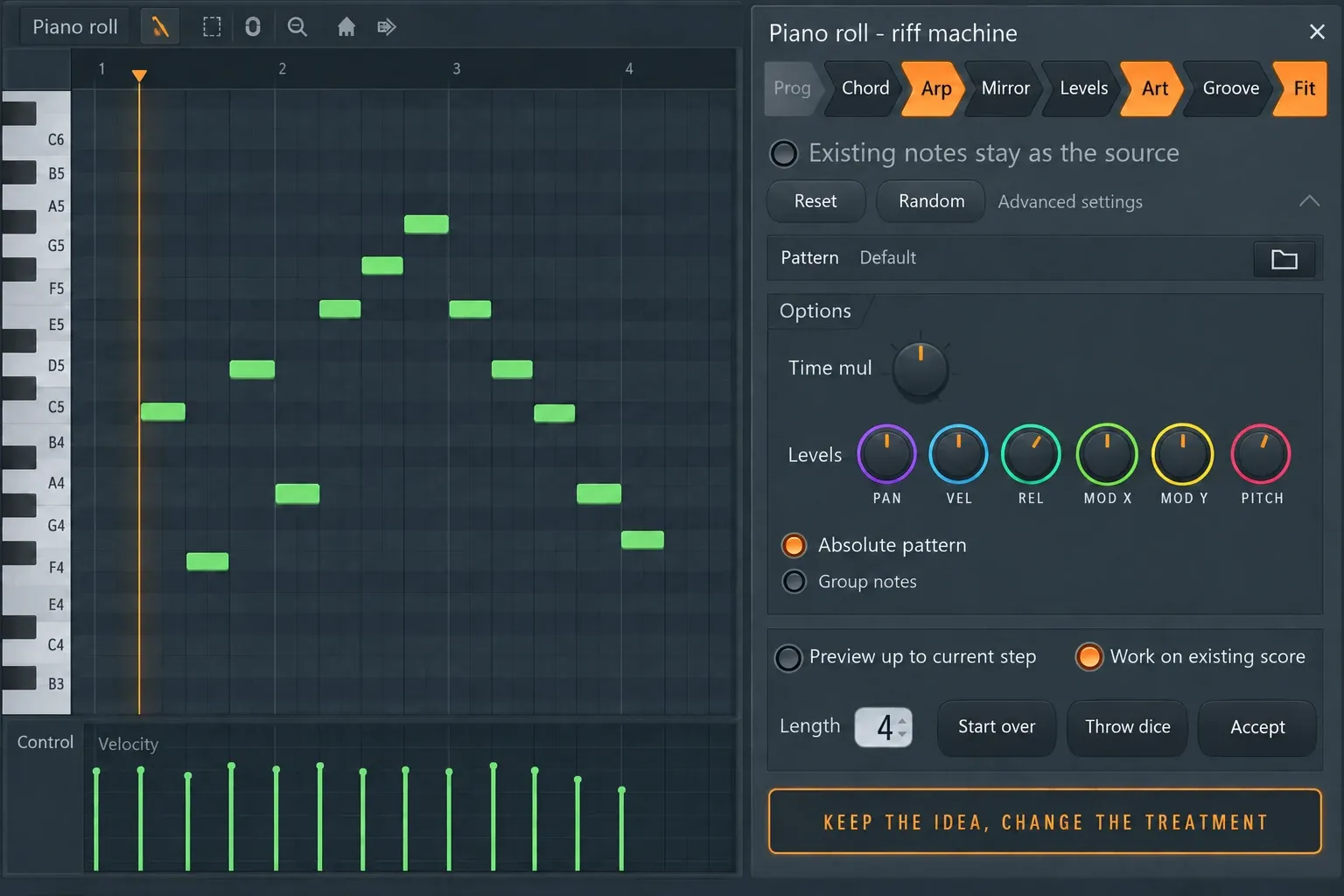 FL Studio Piano Roll notes processed with the Riff Machine Work on existing score option