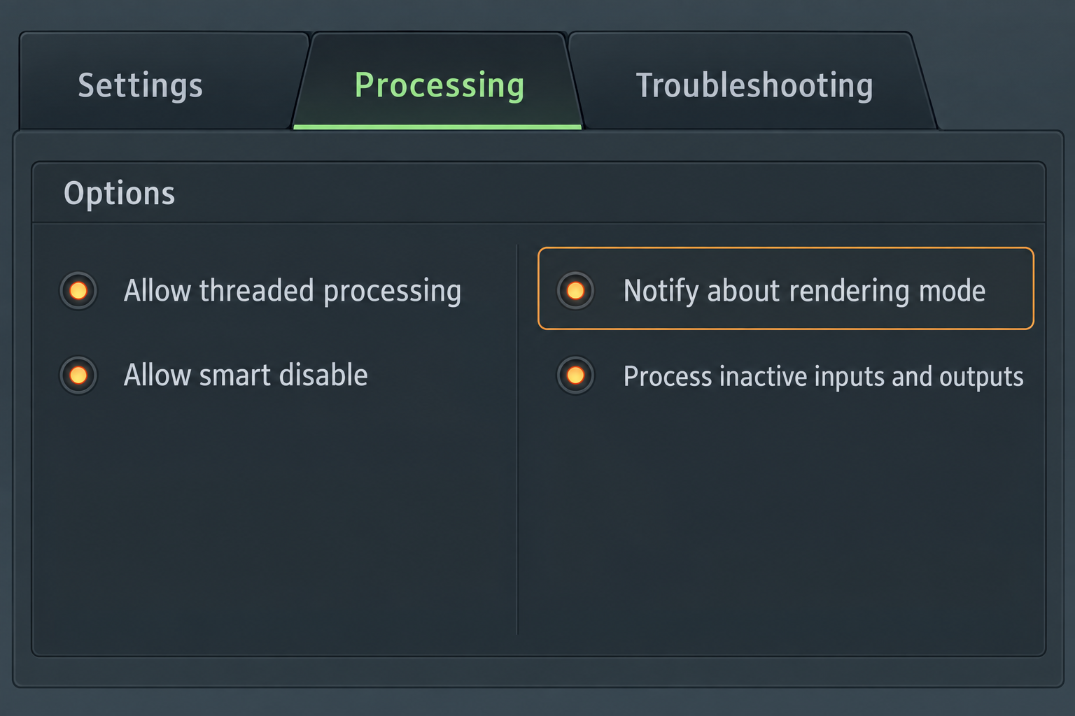 Educational reconstruction of the FL Studio Fruity Wrapper Processing tab showing Notify about rendering mode