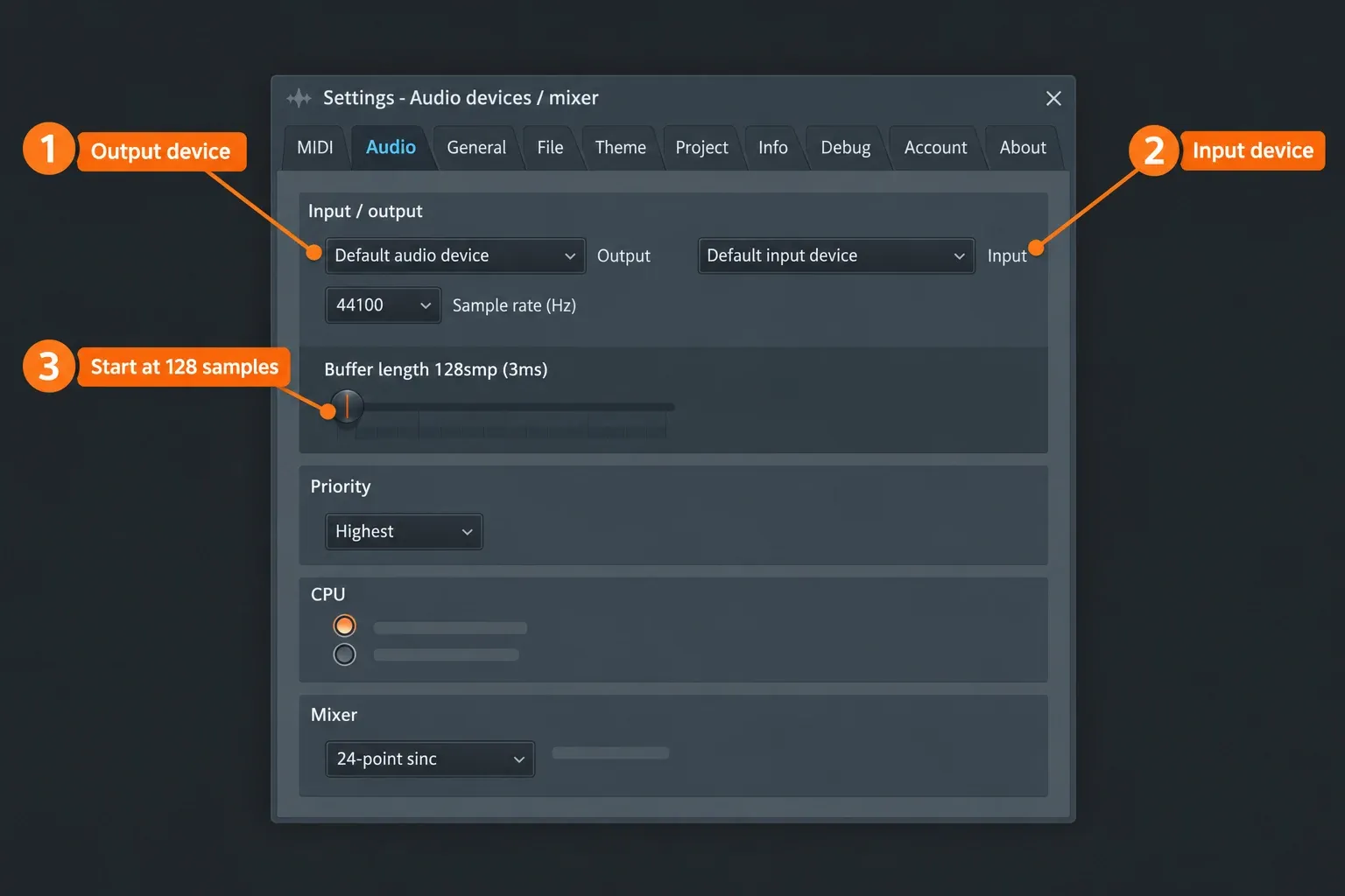 FL Studio Audio Settings on macOS with separate Core Audio input and output device menus and the buffer length set to 128 samples