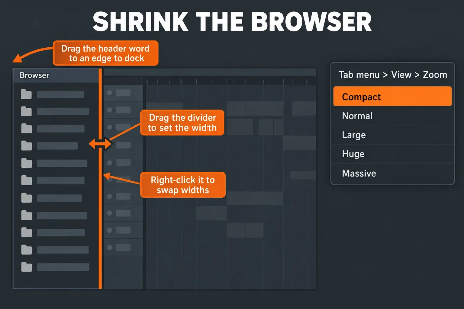 Diagram of the FL Studio Browser docked on the left with its right-hand divider highlighted, callouts to drag the divider for width and right-click it to swap widths, and a Tab menu View Zoom list from Compact to Massive