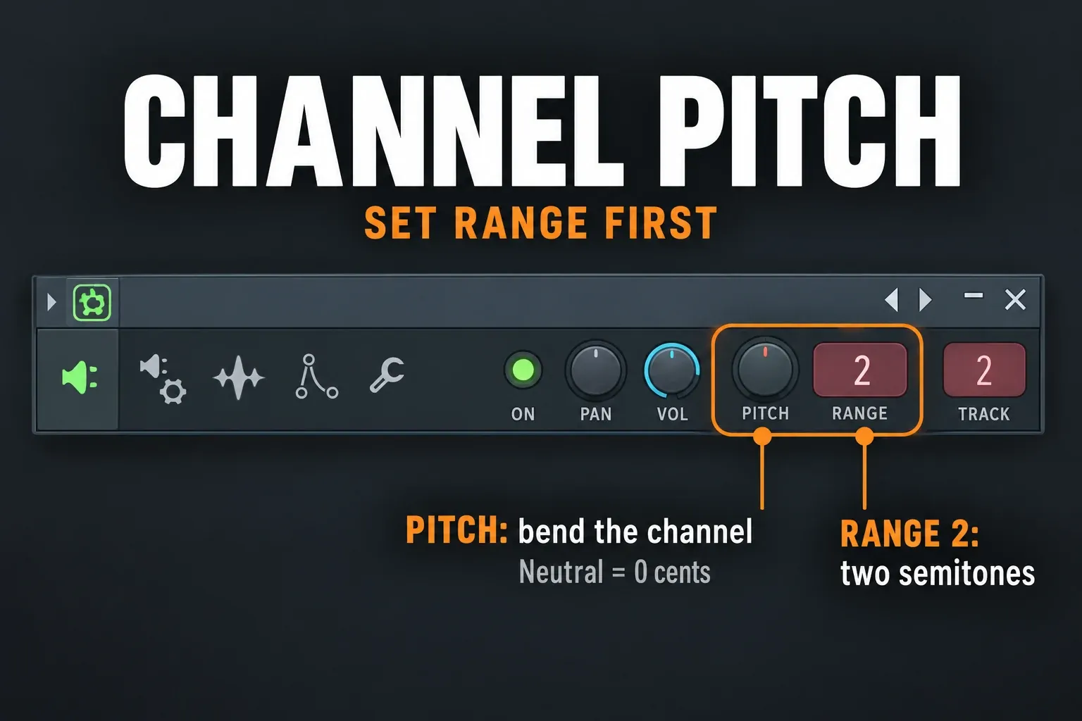 FL Studio wrapper with the PITCH knob and adjacent RANGE set to 2 semitones highlighted