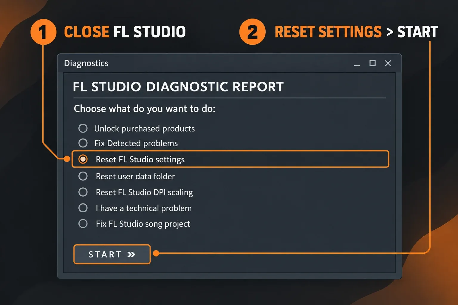 Diagnostics with Reset FL Studio settings selected and the Start button identified