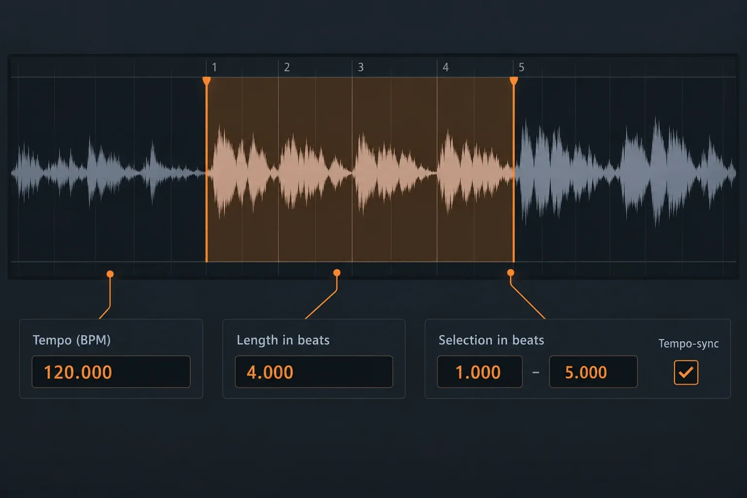 Edison Sample Properties showing tempo, selection beats and tempo-sync choices for a vocal file