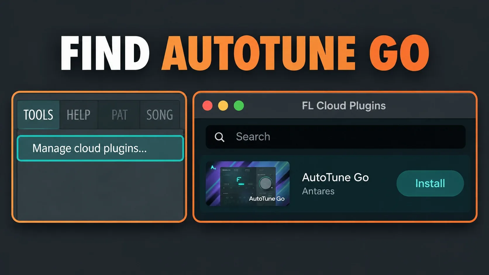Tools Manage cloud plugins menu and the AutoTune Go entry with its Install button in FL Cloud Plugins