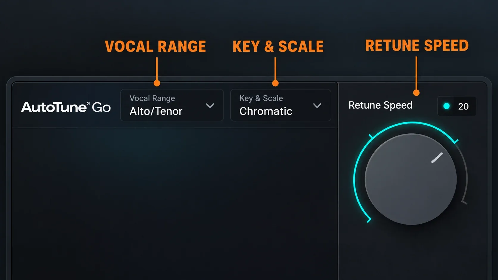 AutoTune Go Vocal Range and Key and Scale selectors beside its Retune Speed control