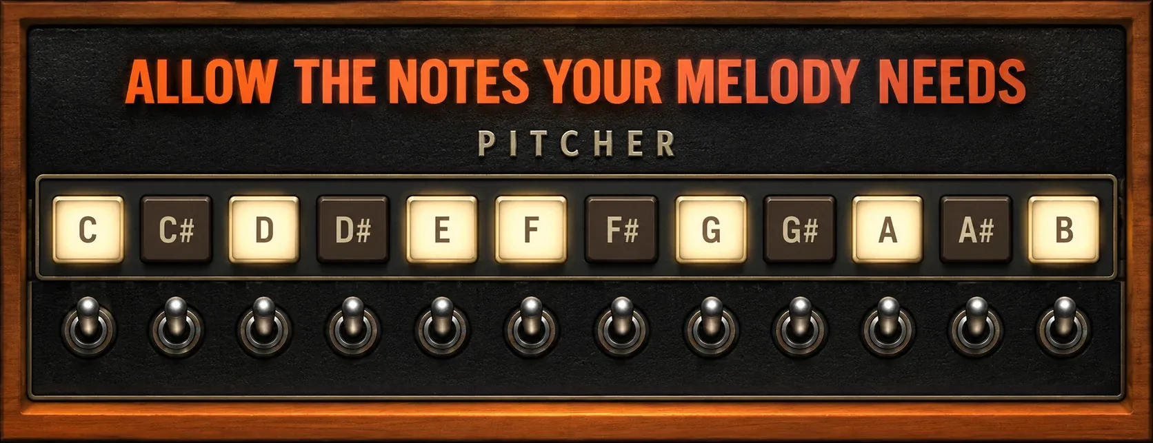 Pitcher's twelve semitone buttons with C D E F G A and B enabled for C major