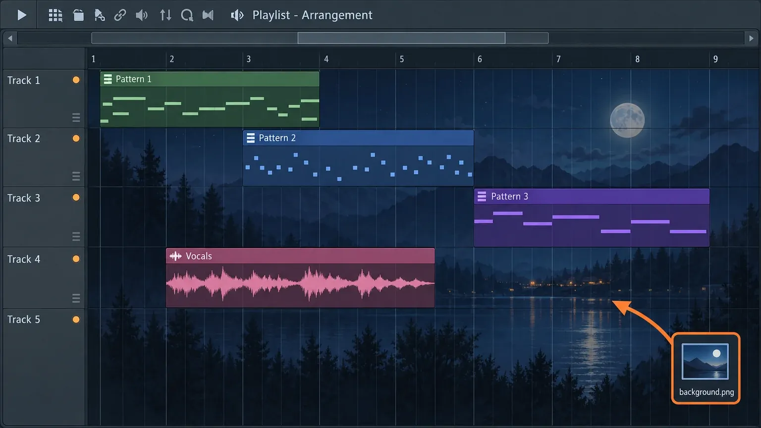 FL Studio Playlist with a moonlit lake and forest picture behind its tracks, pattern clips and a vocal audio clip, while an image file named background.png is dropped onto the grid along an orange arrow