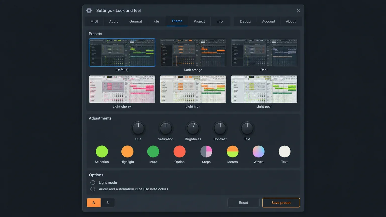 FL Studio Settings window on the Theme tab with preset badges, the Hue, Saturation, Brightness, Contrast and Text knobs, a row of color pickers, the Light mode option and the A/B, Reset and Save preset buttons, with Save preset highlighted in orange