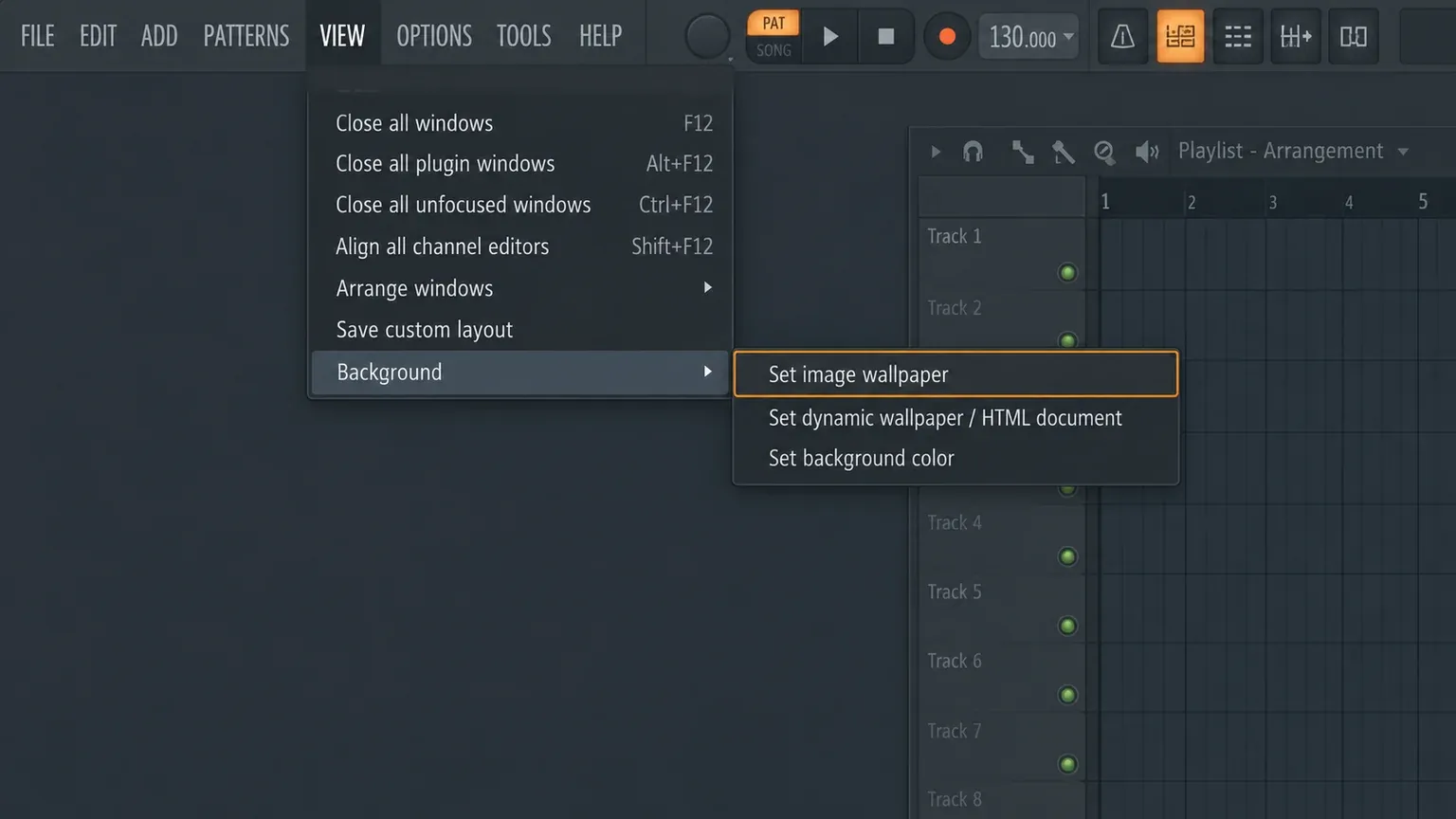 FL Studio View menu open with the Background submenu showing Set image wallpaper, Set dynamic wallpaper / HTML document and Set background color, with Set image wallpaper highlighted in orange
