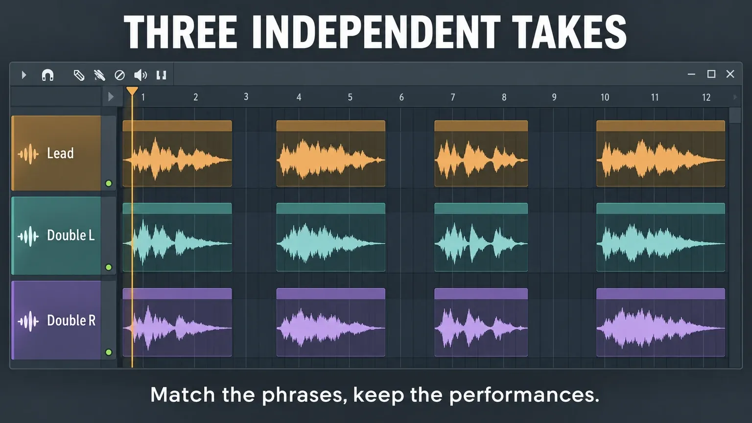 FL Studio Playlist with Lead, Double L and Double R on separate lanes, using three different takes with matching phrase positions