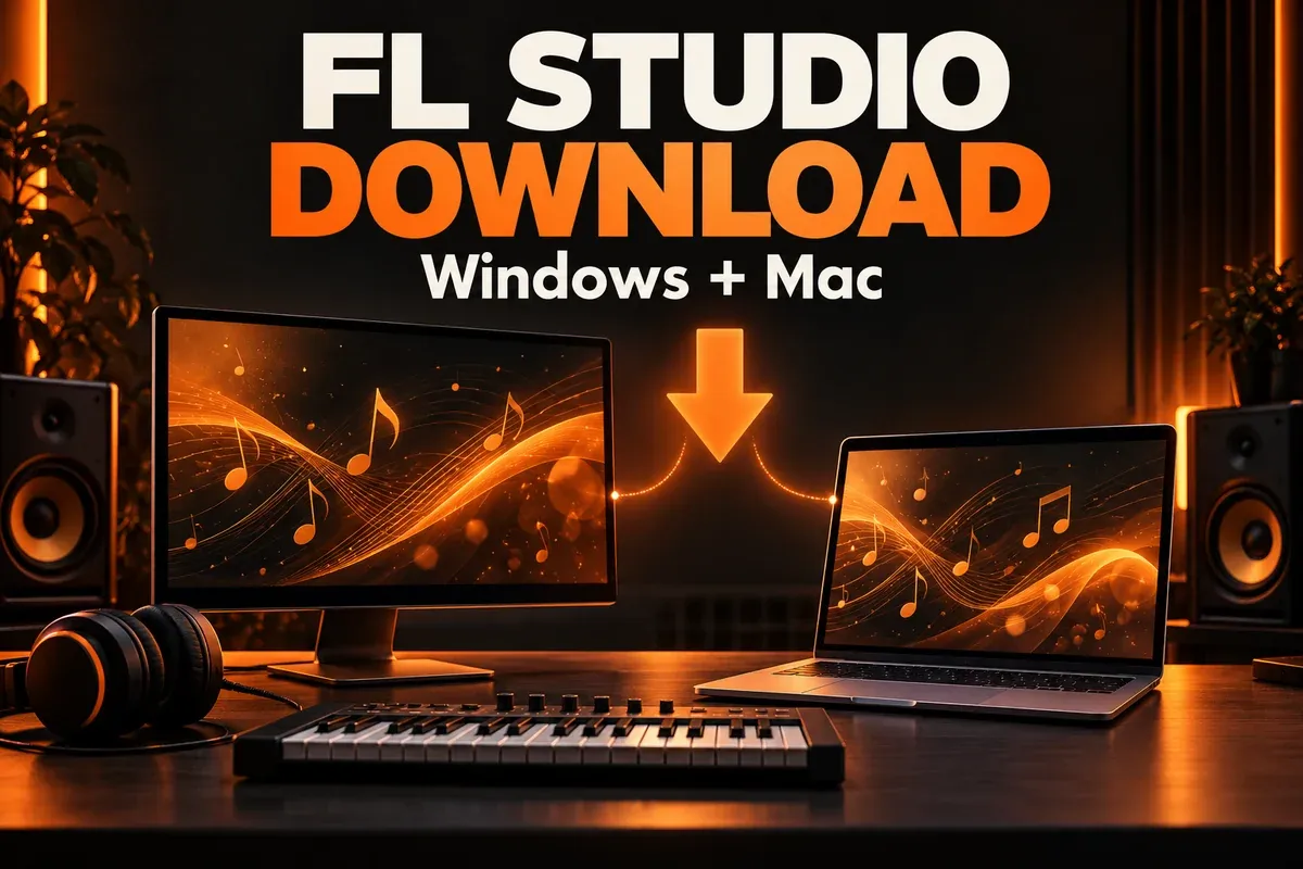 Desktop monitor and laptop with a download arrow, music notes and a MIDI keyboard